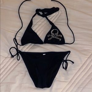 Black string bikini with rhinestone skulls